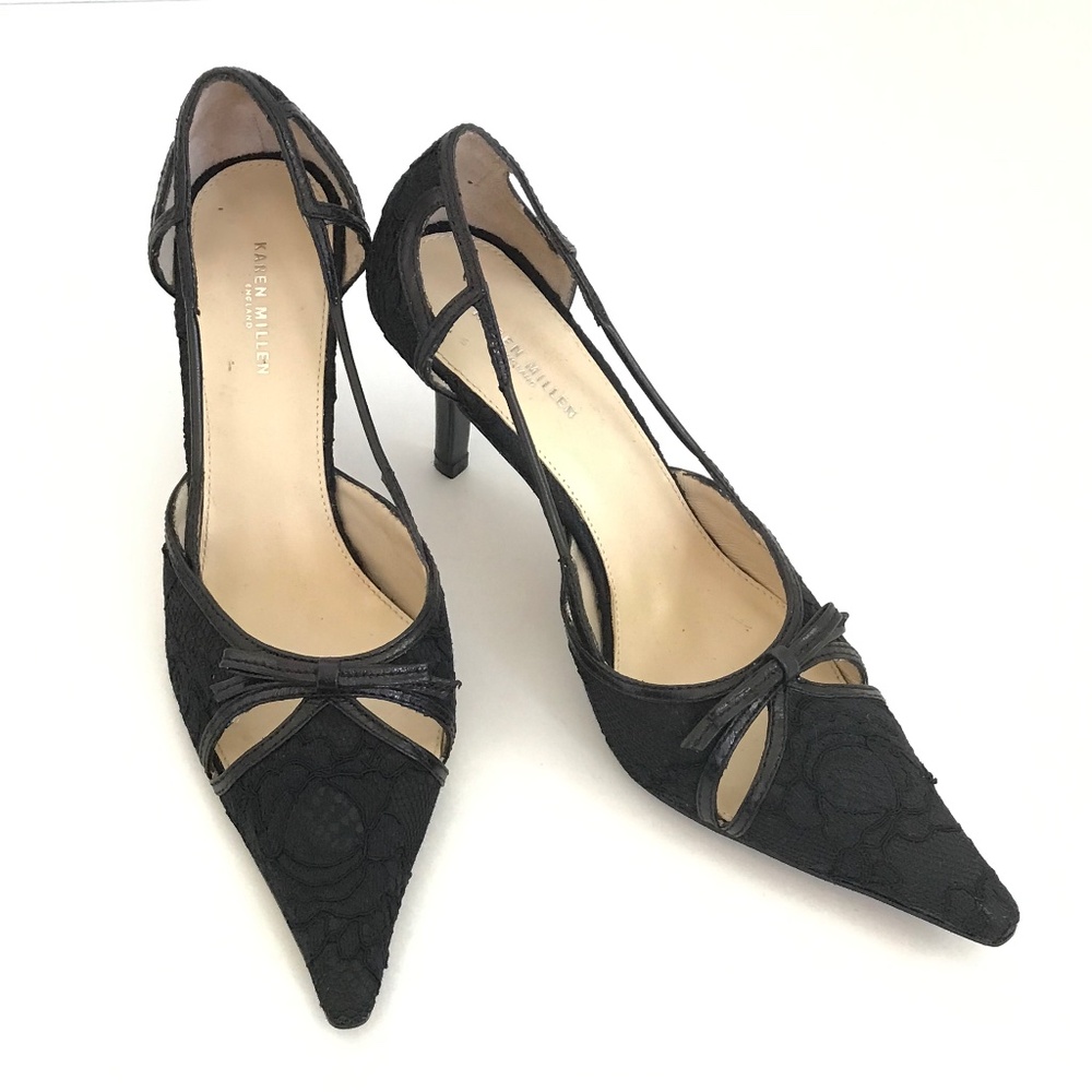 KAREN MILLEN Leather & Lace Heels Pointed Toe Pump Black Womenβs Size EU 39 US 8